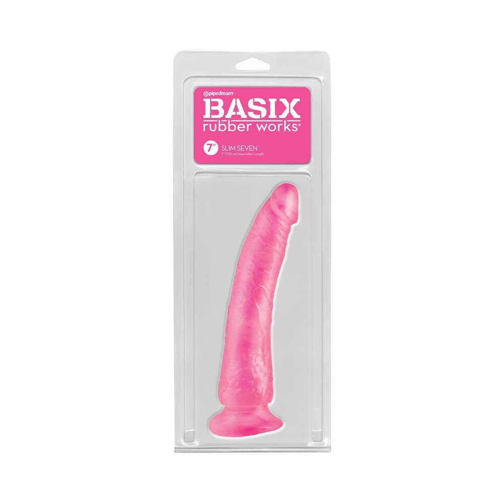 Pipedream Basix Rubber Works Slim Seven 7 in. Dildo With Suction Cup Pink