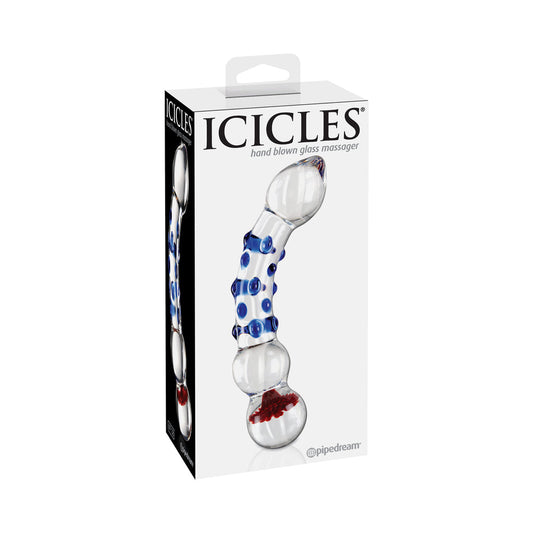 Pipedream Icicles No. 18 Curved Textured 7.5 in. Glass Dildo Blue/Red/Clear