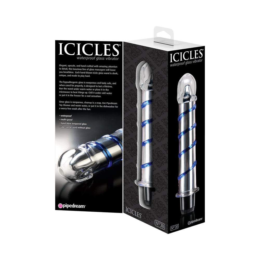 Icicles No. 20 Ribbed Vibrating 7.5 in. Glass Dildo Blue/Clear