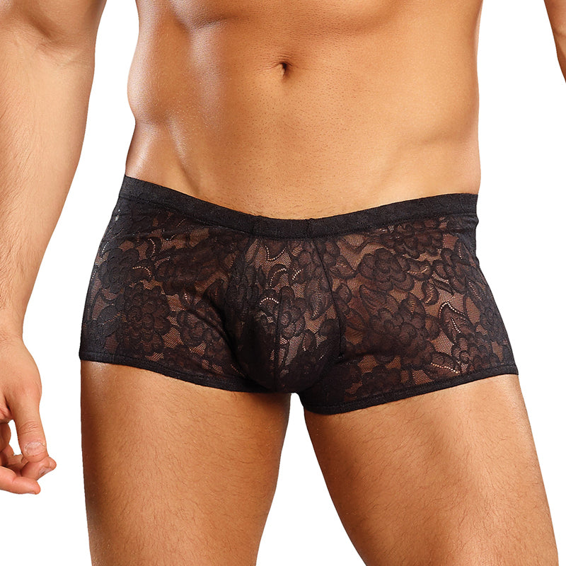 Male Power Stretch Lace Mini Short Black Sml