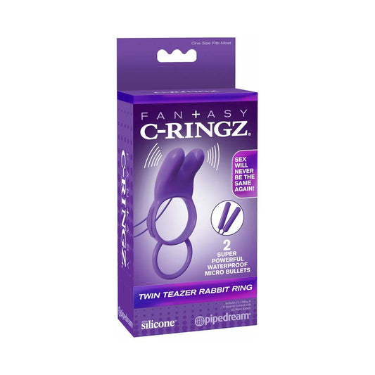 Pipedream Fantasy C-Ringz Silicone Vibrating Twin Teazer Rabbit Ring With Ears Purple