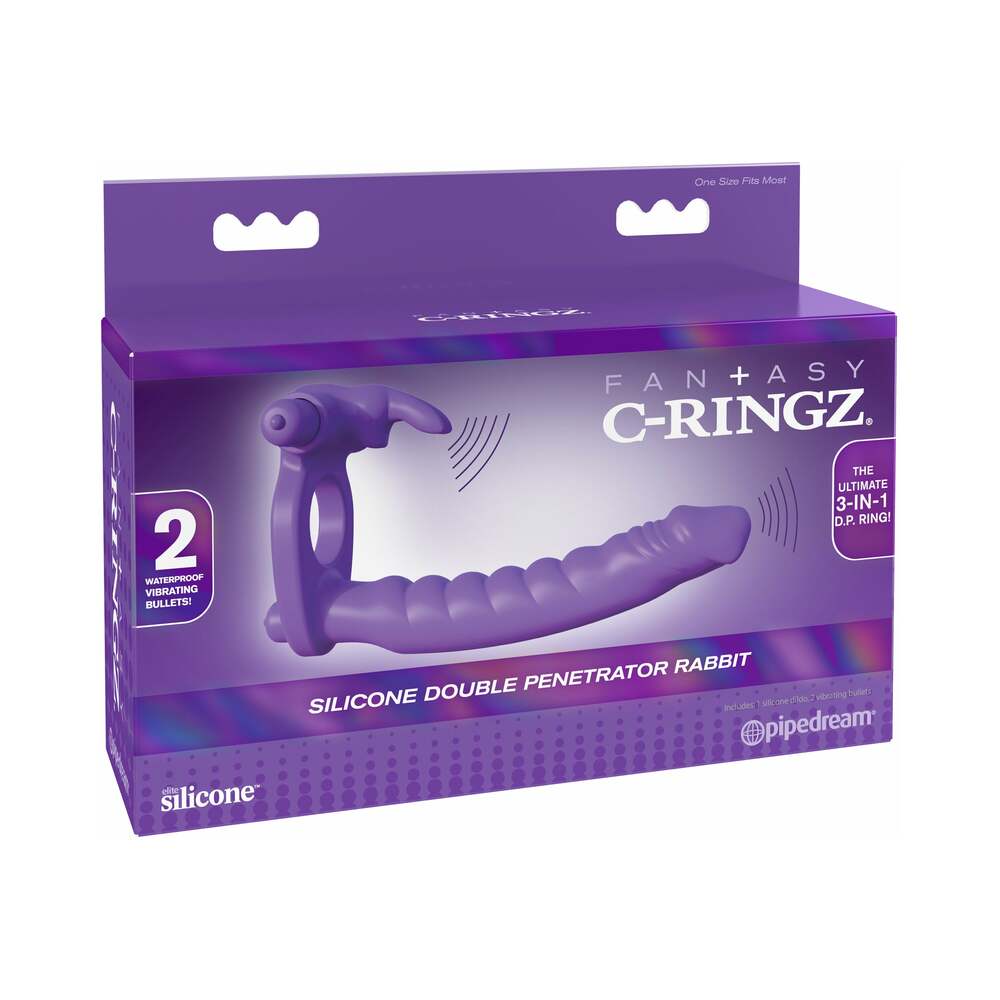 Pipedream Fantasy C-Ringz Double Penetrator Vibrating Rabbit Dual Entry Cockring Purple