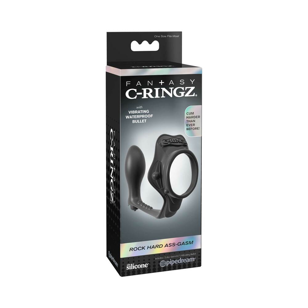 Pipedream Fantasy C-Ringz Rock Hard Ass-Gasm Vibrating Silicone Cockring With Anal Plug Black