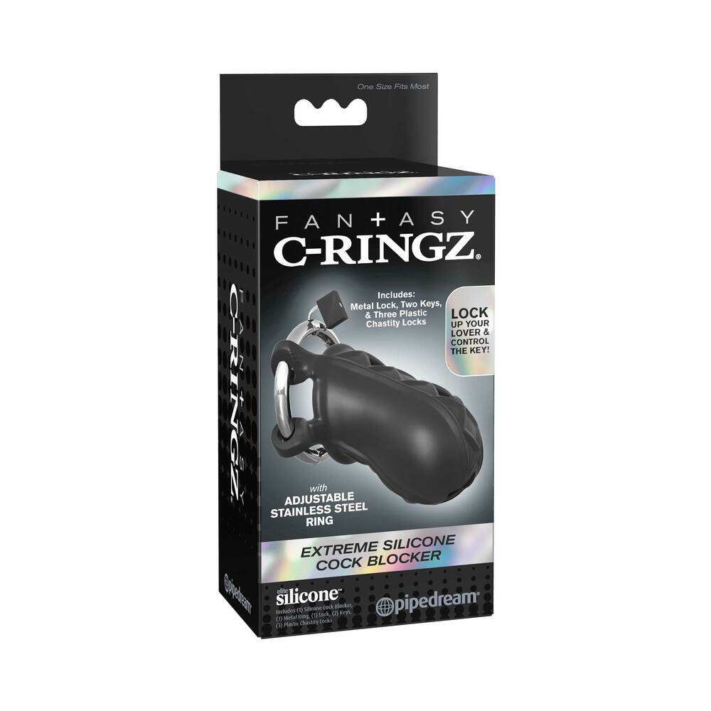 Pipedream Fantasy C-Ringz Extreme Silicone Cock Blocker Locking Chastity Cage Black