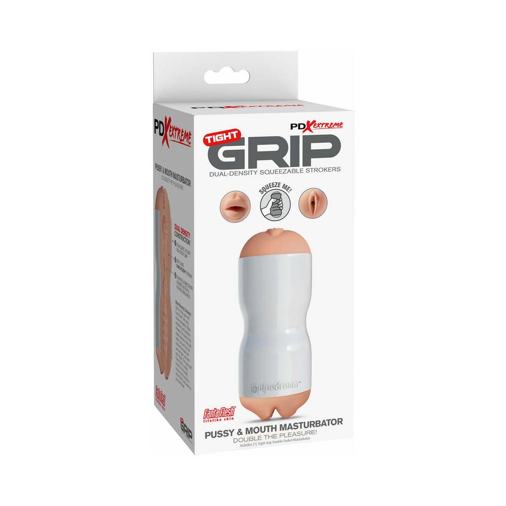 PDX Tight Grip Pussy & Mouth Dual Density Squeezable Masturbator Beige/White