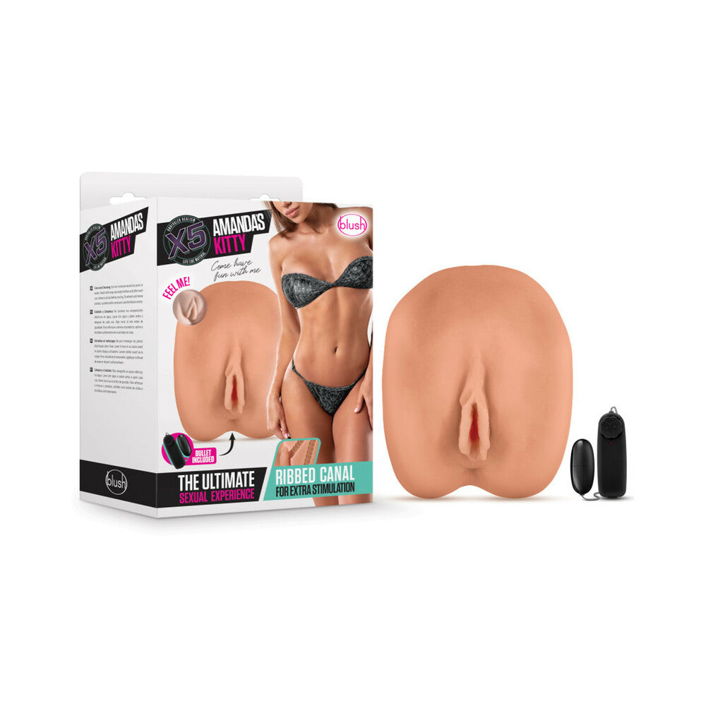 Blush X5 Men Amanda's Kitty Dual Entry Masturbator with Remote-Controlled Bullet Vibrator Tan