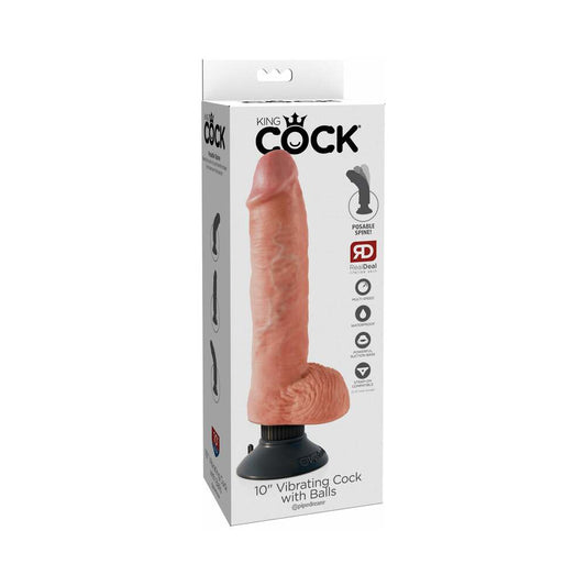 Pipedream King Cock 10 in. Vibrating Cock With Balls Poseable Suction Cup Dildo Beige