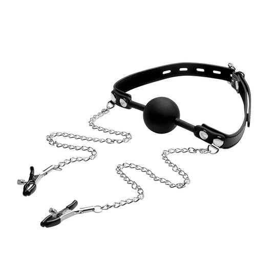 Strict Silicone Ball Gag w/Nipple Clamps