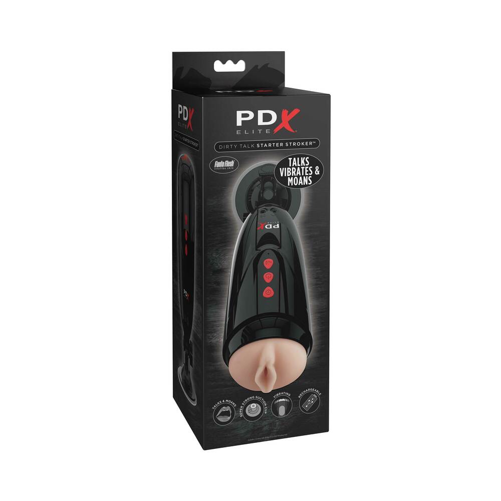 PDX Elite Dirty Talk Rechargeable Vibrating Starter Stroker With Hands-Free Suction Cup Beige/Black