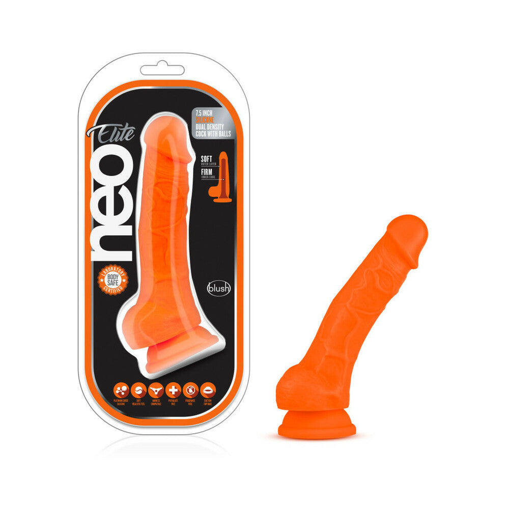 Blush Neo Elite 7.5 in. Silicone Dual Density Dildo with Balls & Suction Cup Neon Orange