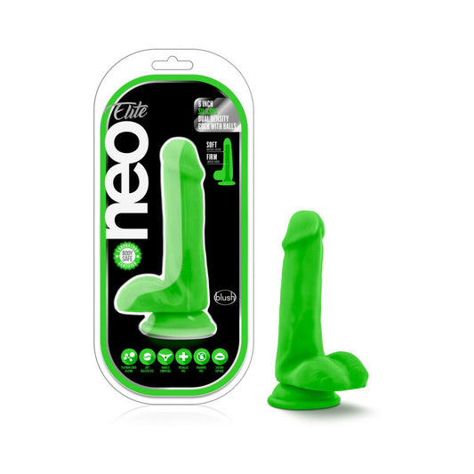 Blush Neo Elite 6 in. Silicone Dual Density Dildo with Balls & Suction Cup Neon Green