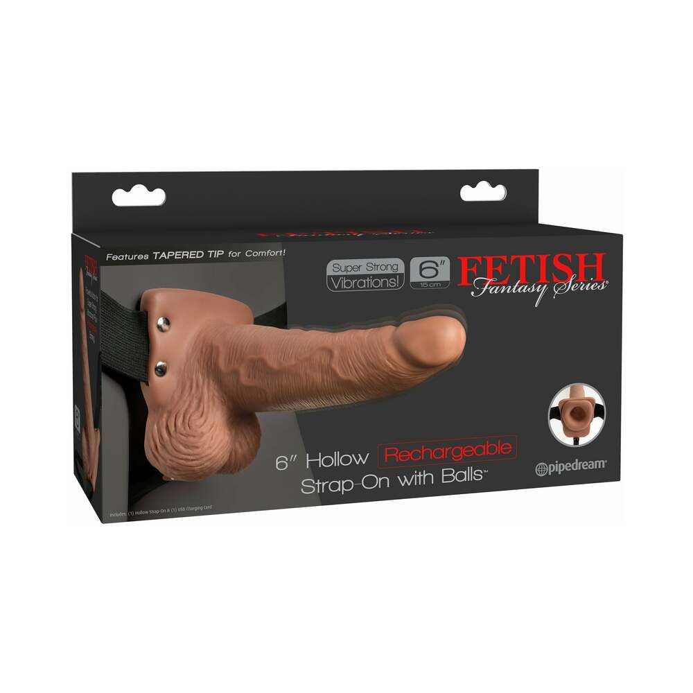 Pipedream Fetish Fantasy Series Rechargeable Vibrating 6 in. Hollow Strap-On With Balls Tan/Black