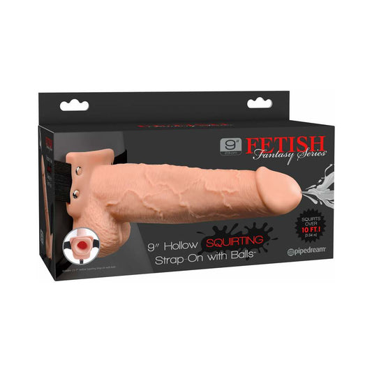 Pipedream Fetish Fantasy Series 9 in. Hollow Squirting Strap-On With Balls Beige/Black