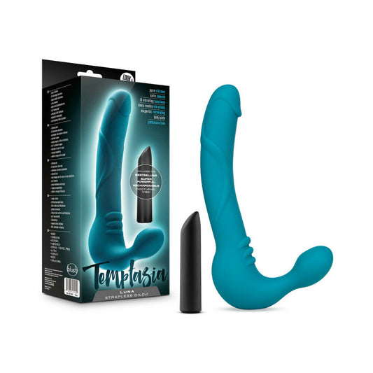 Blush Temptasia Luna 9 in. Silicone Strapless Strap-On Dildo with Rechargeable Bullet Vibrator Teal