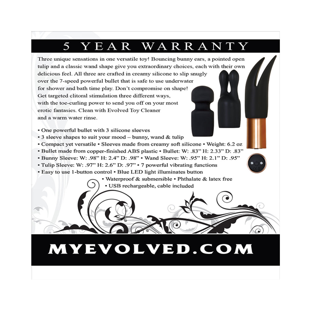 Evolved Glam Squad Rechargeable Bullet Vibrator With 3-Piece Silicone Sleeve Set Black/Copper