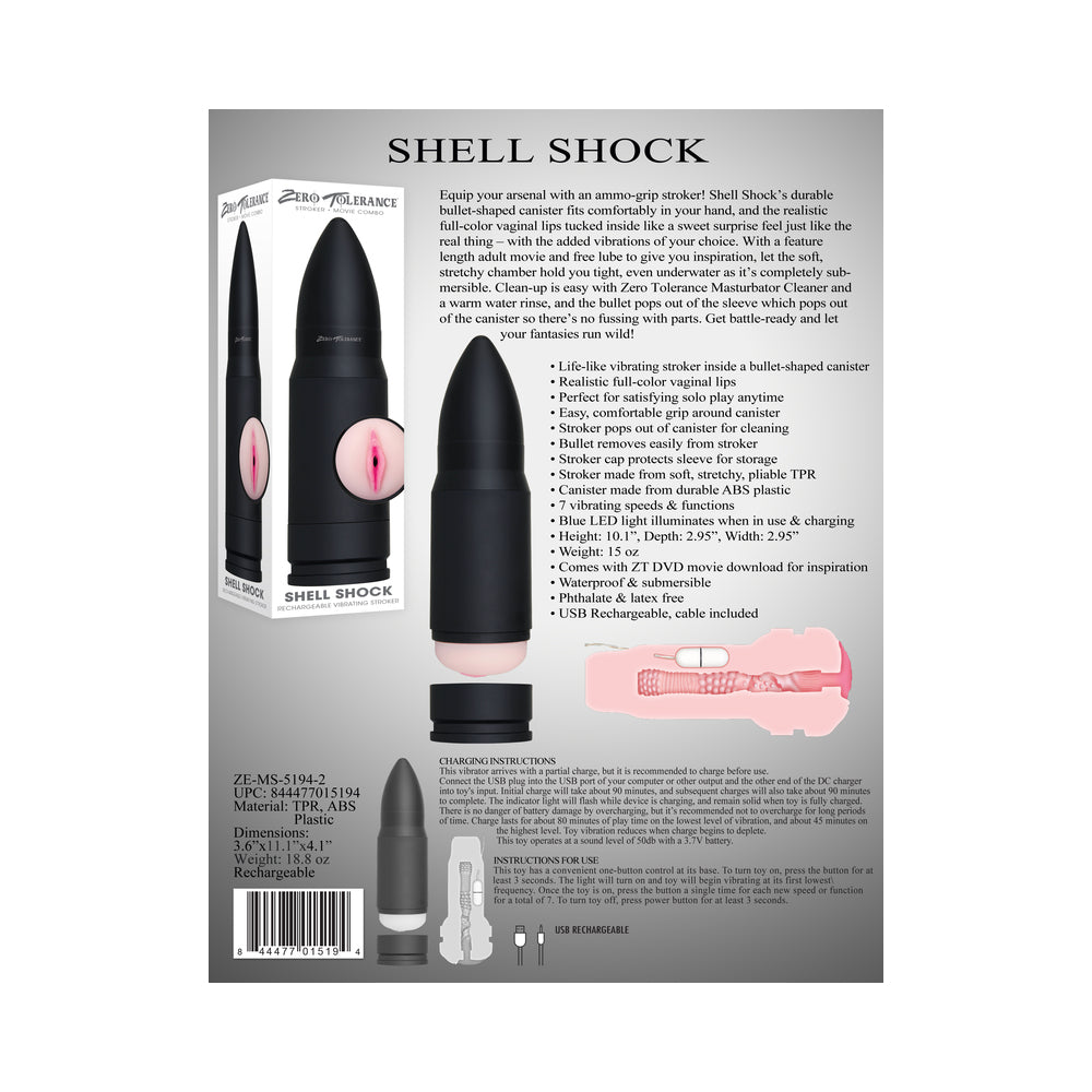 Zero Tolerance Shell Shock Rechargeable Bullet-Shaped Vibrating Vagina Stroker Black