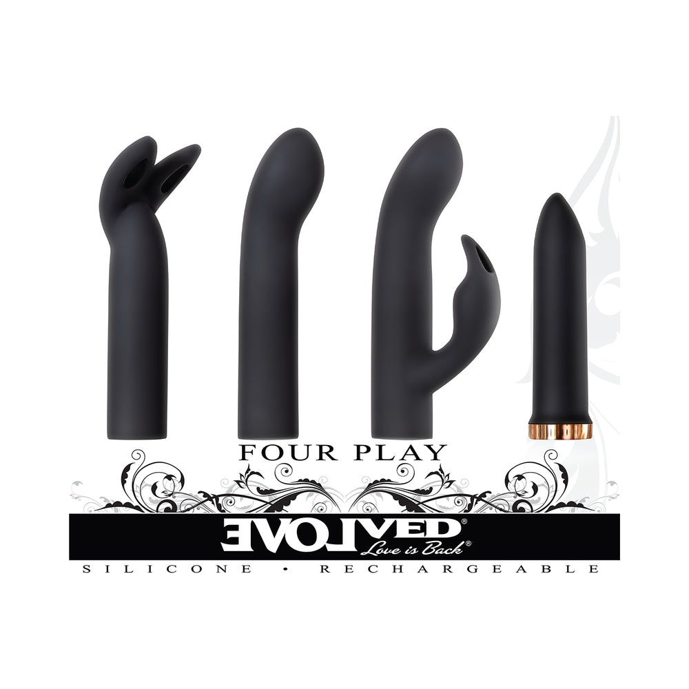 Evolved Four Play Rechargeable Silicone Bullet Vibrator and 3-Piece Sleeve Set Black