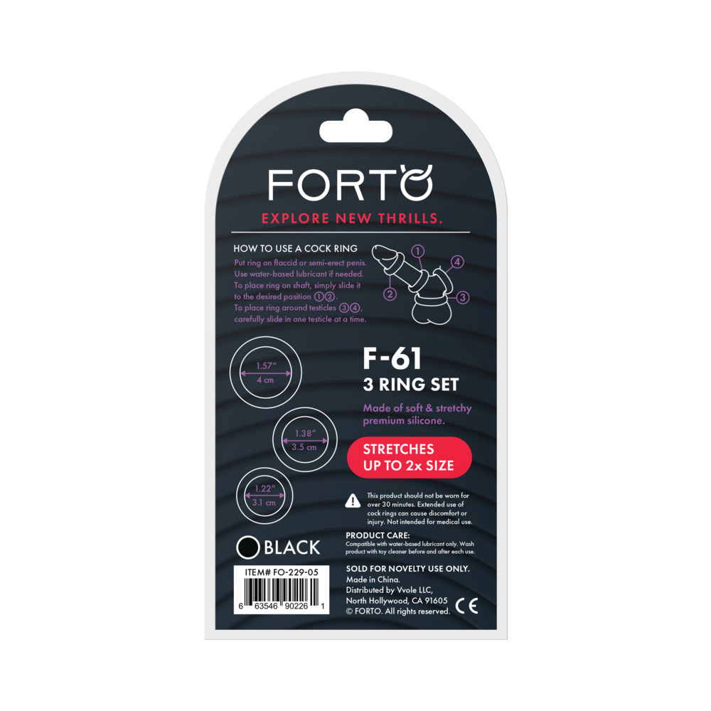 Forto F-61 3-Piece Silicone Cockring Set Black