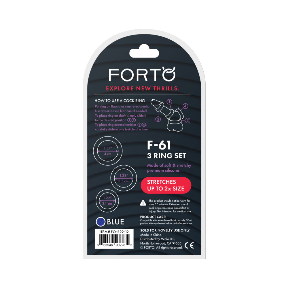 Forto F-61 3-Piece Silicone Cockring Set Blue