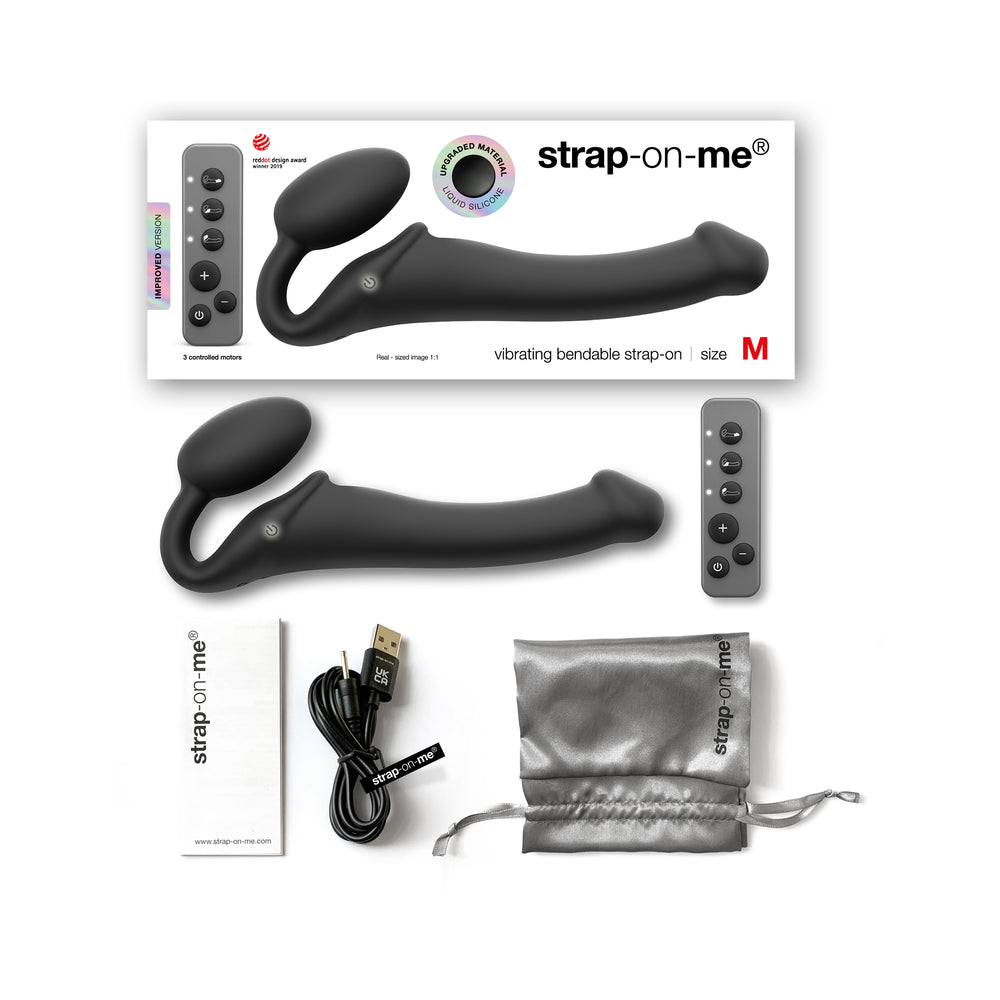 Strap-On-Me Rechargeable Remote-Controlled Silicone Vibrating Bendable Strap-On Black M