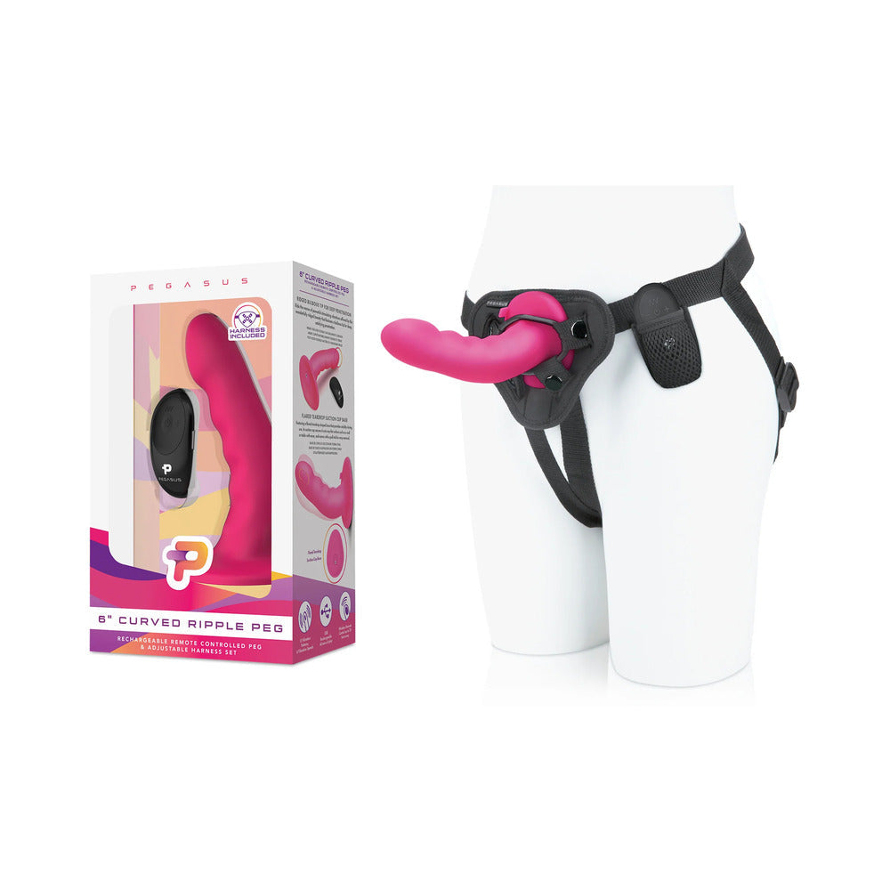 Pegasus 6 in. Curved Ripple Peg Rechargeable Remote-Controlled Dildo & Harness Set Pink