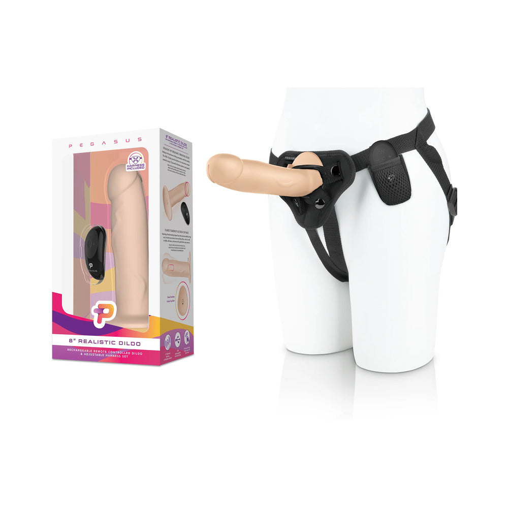 Pegasus 8 in. Realistic Rechargeable Remote-Controlled Dildo & Harness Set Beige