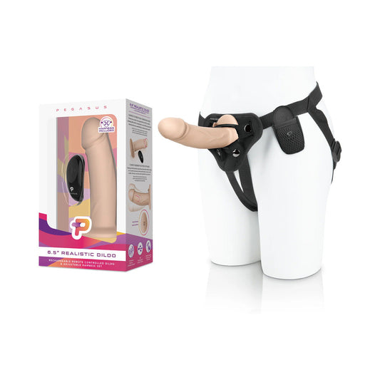 Pegasus 6.5 in. Realistic Peg Rechargeable Remote-Controlled Dildo & Harness Set Beige