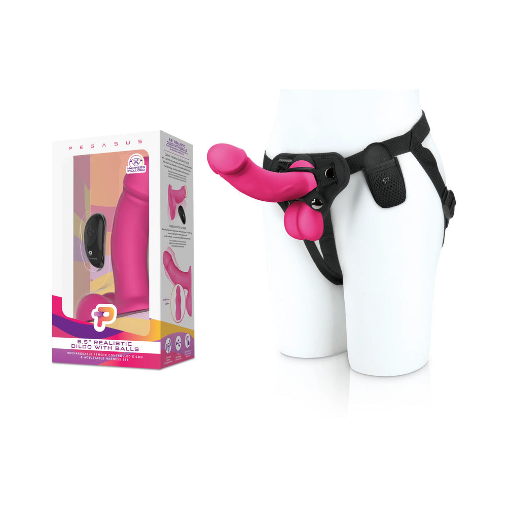 Pegasus 6.5 in. Realistic Dildo with Balls & Adjustable Harness Set Pink