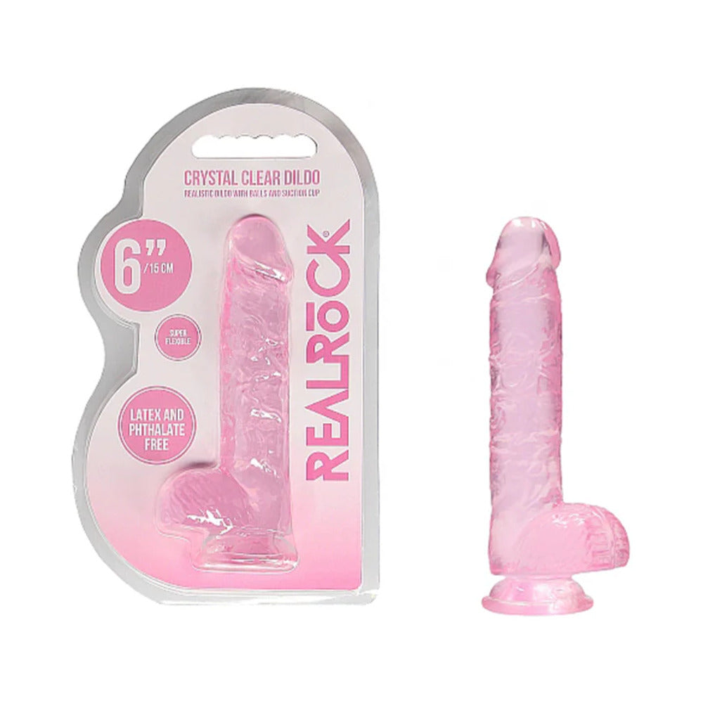 RealRock Crystal Clear Realistic 6 in. Dildo With Balls and Suction Cup Pink