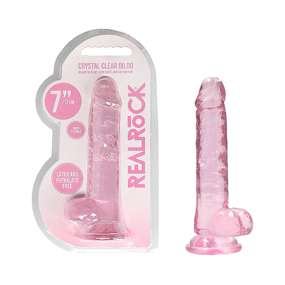 RealRock Crystal Clear Realistic 7 in. Dildo With Balls and Suction Cup Pink