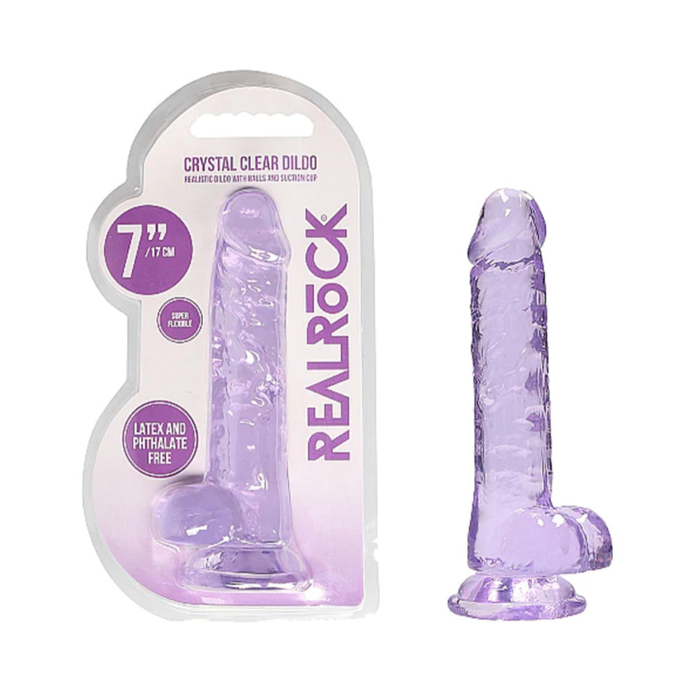 RealRock Crystal Clear Realistic 7 in. Dildo With Balls and Suction Cup Purple