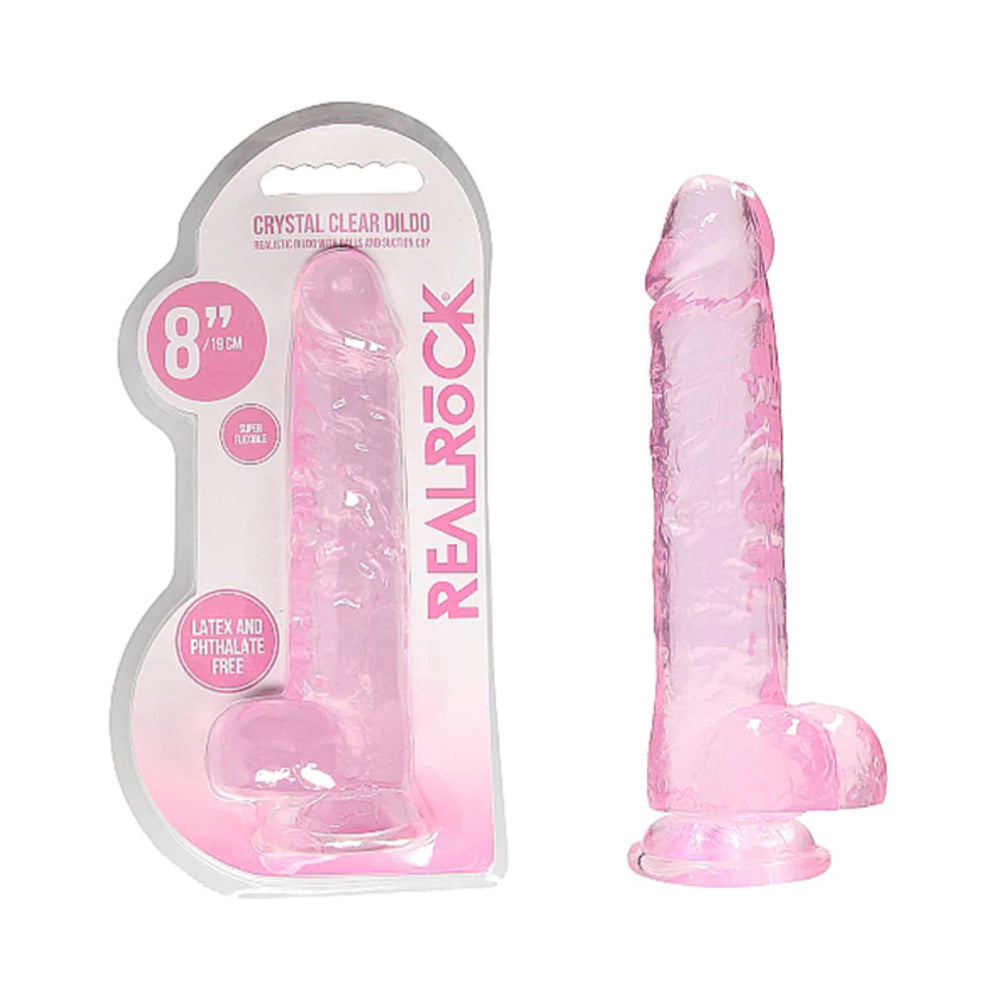 RealRock Crystal Clear Realistic 8 in. Dildo With Balls and Suction Cup Pink