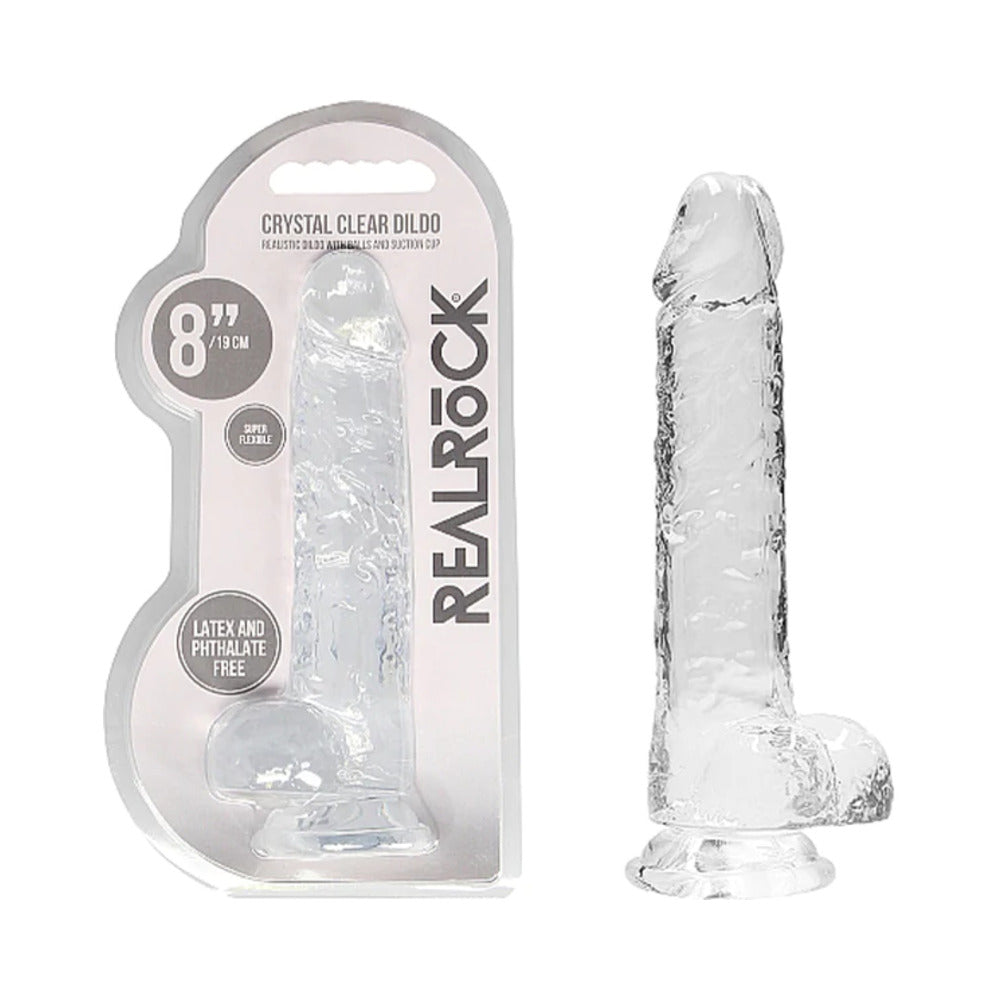 RealRock Crystal Clear Realistic 8 in. Dildo With Balls and Suction Cup Clear