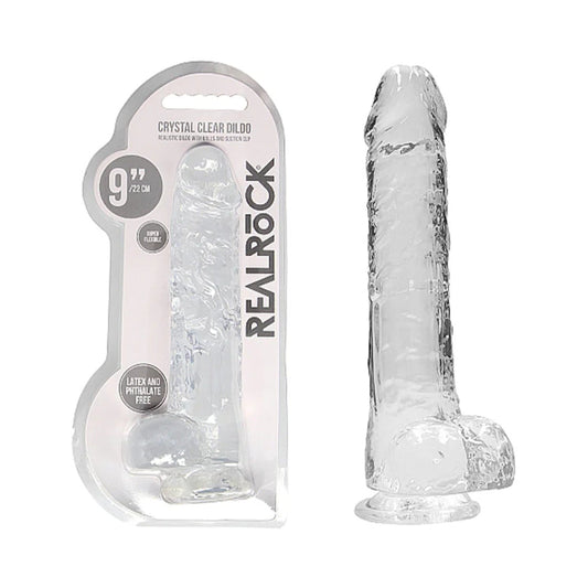 RealRock Crystal Clear Realistic 9 in. Dildo With Balls and Suction Cup Clear