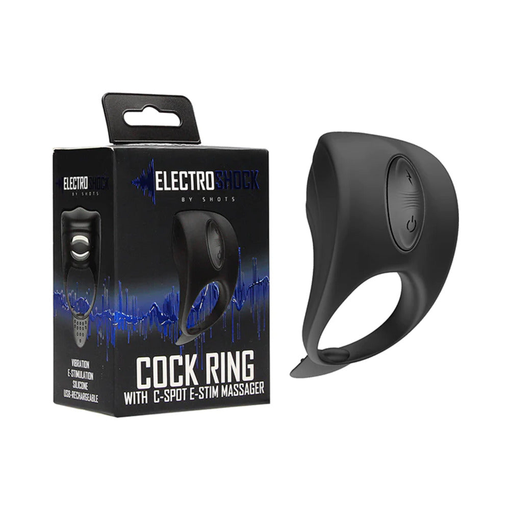 ElectroShock Rechargeable Silicone Cockring With Clitoral E-Stimulation Massager Black