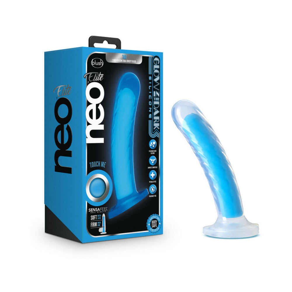 Blush Neo Elite Glow in the Dark Tao 7 in. Dual-Density Dildo with Suction Cup Neon Blue