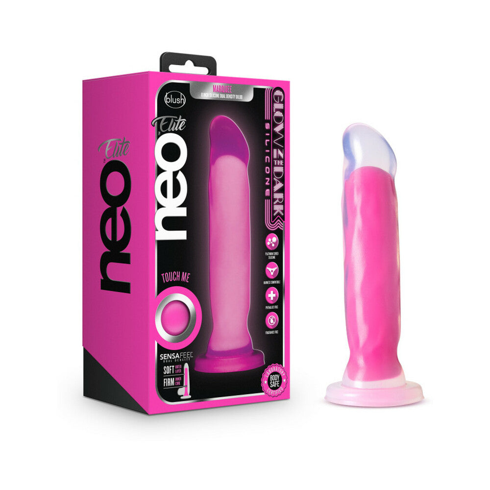 Blush Neo Elite Glow in the Dark Marquee 8 in. Silicone Dual-Density Dildo Neon Pink