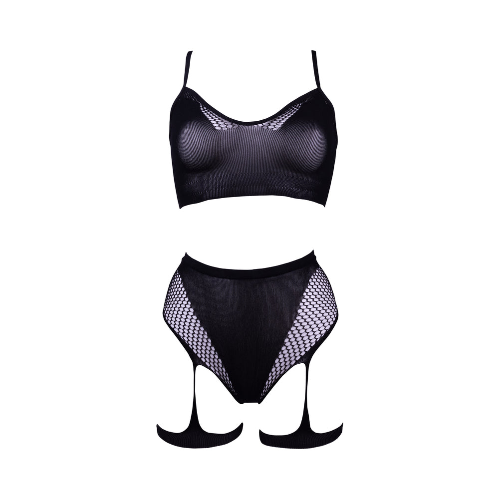 Le Desir Bliss 2-Piece Fishnet Bra & Gartered Panty Set Black O/S