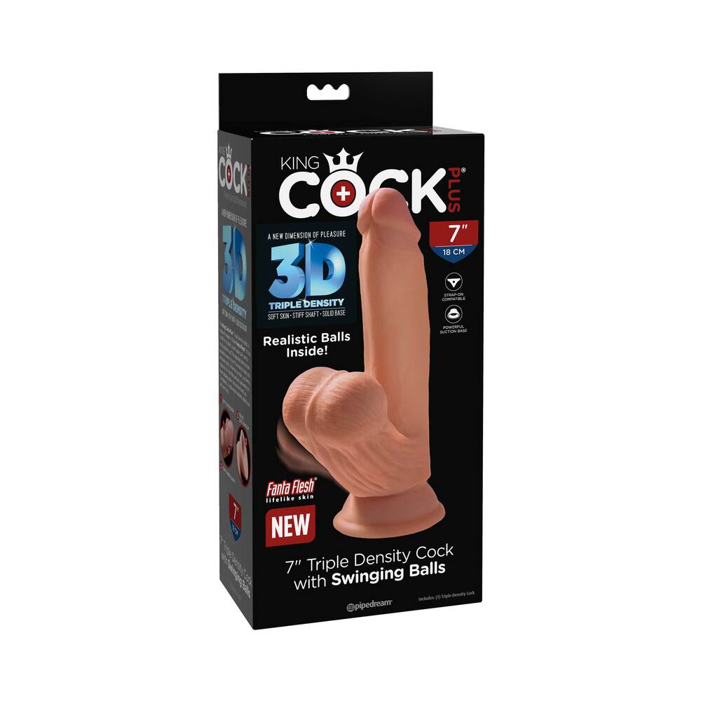 Pipedream King Cock Plus 7 in. Triple Density Cock With Swinging Balls Dildo Tan