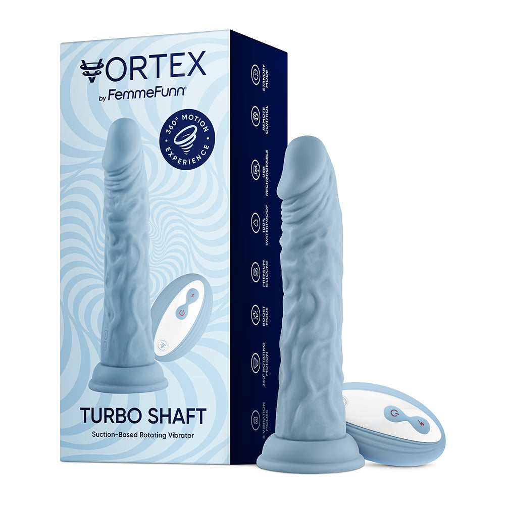 FemmeFunn Vortex Turbo Shaft 2.0 8 in. Silicone Vibrating Rotating Dildo Light Blue