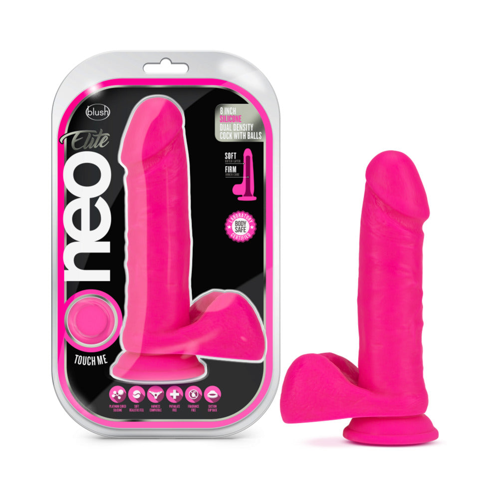 Blush Neo Elite 8 in. Silicone Dual Density Dildo With Balls & Suction Cup Neon Pink