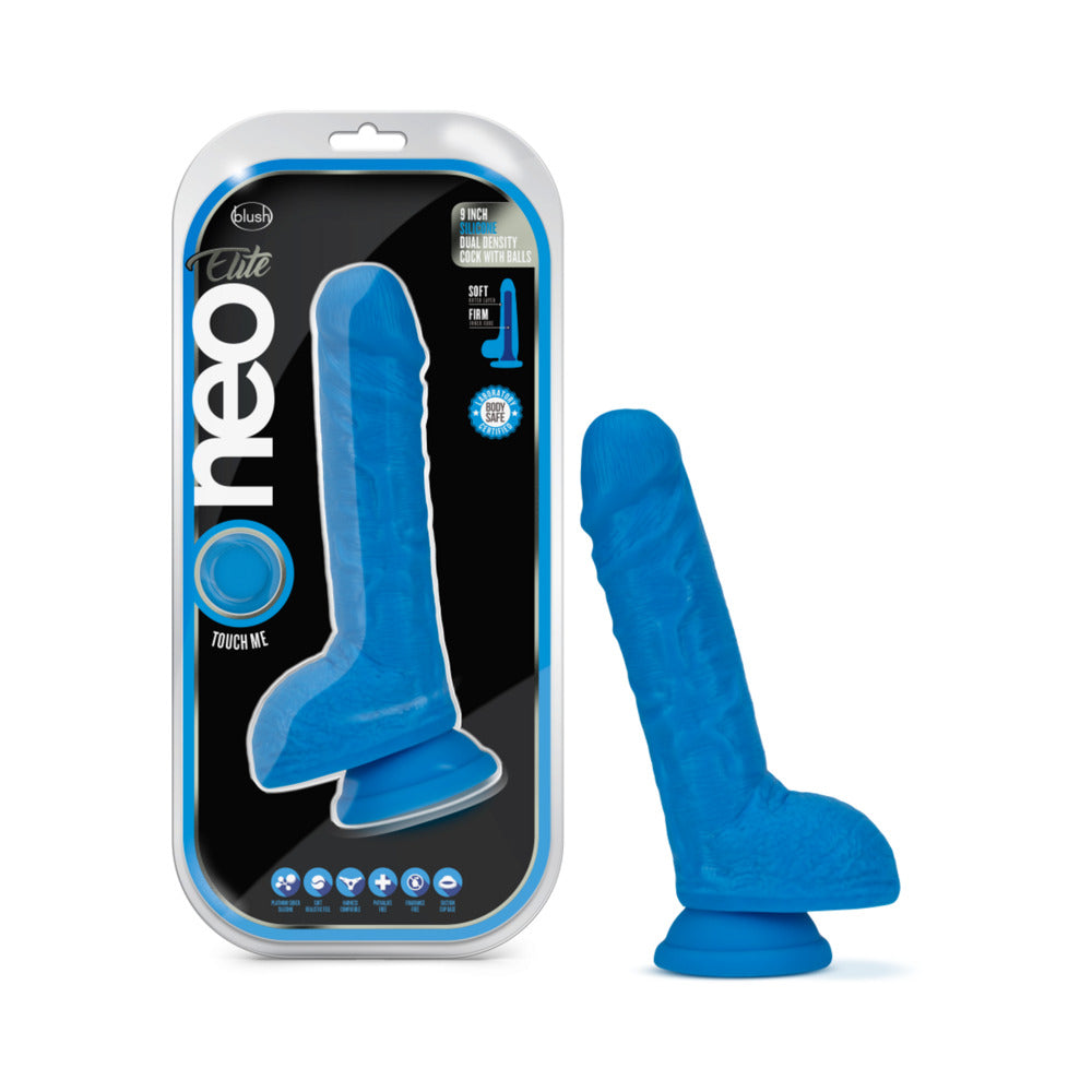 Blush Neo Elite 9 in. Silicone Dual Density Dildo with Balls & Suction Cup Neon Blue