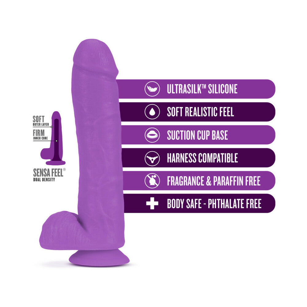 Neo Elite 11 in. Silicone Dual Density Dildo with Balls Neon Purple