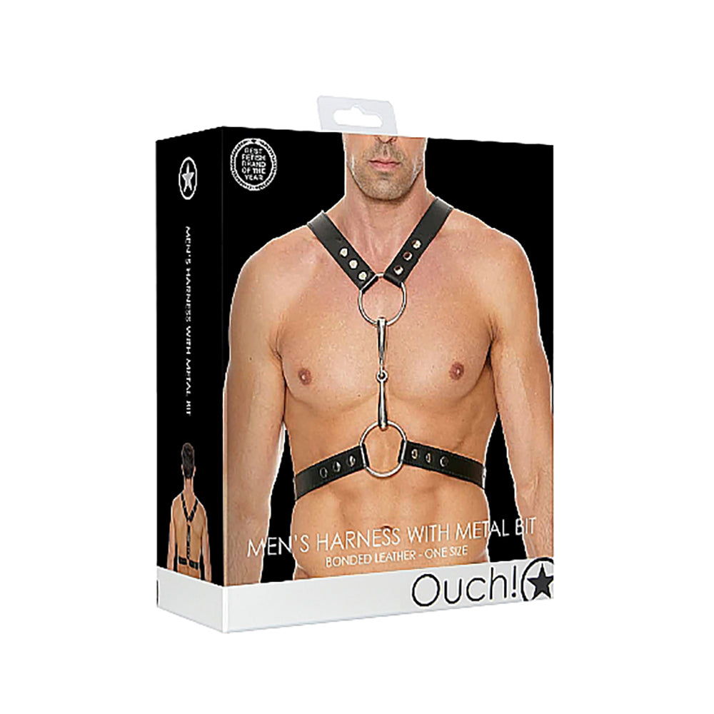 Ouch! Men's Bonded Leather Harness With Metal Bit Black O/S