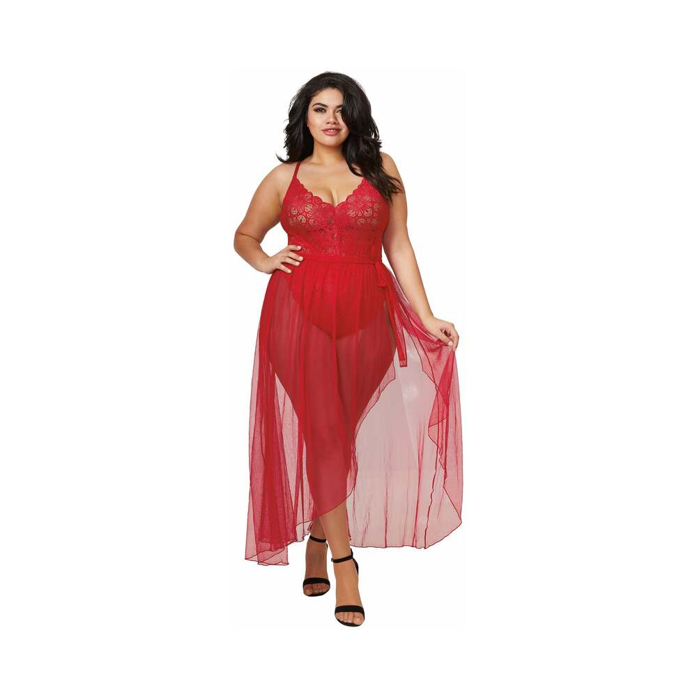 Dreamgirl Dreamgirl Teddy & Sheer Mesh Maxi Skirt With G-String Rouge Queen 3X Hanging