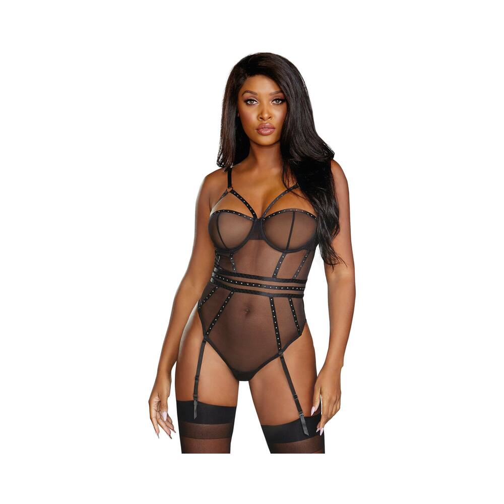 Sheer Stretch Mesh Snap Crotch Teddy With Removable Garters Black Medium Hanging