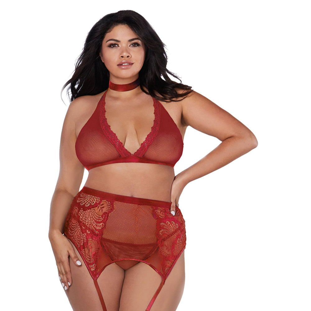 Dreamgirl Fishnet and Lace Four-Piece Set With Stretch Velvet Trim Accents Garnet Queen