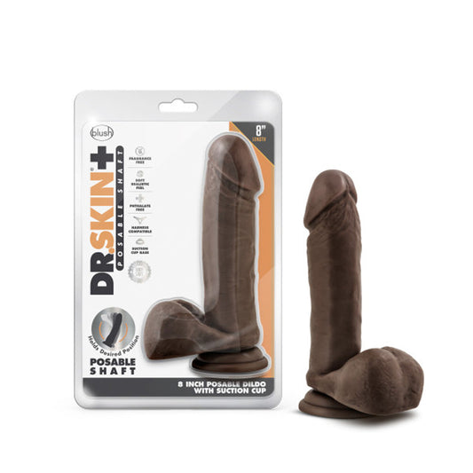 Blush Dr. Skin Plus Realistic 8 in. Triple Density Posable Dildo with Balls & Suction Cup Brown