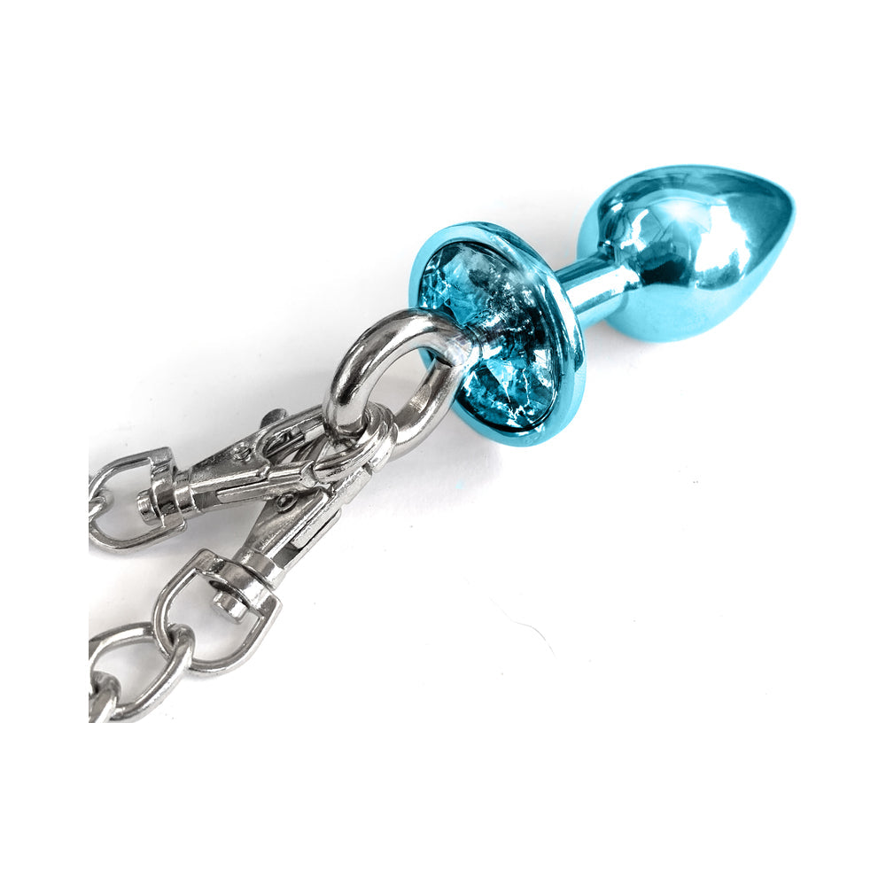 Nixie Metal Butt Plug & Furry Handcuff Set Medium Blue Metallic