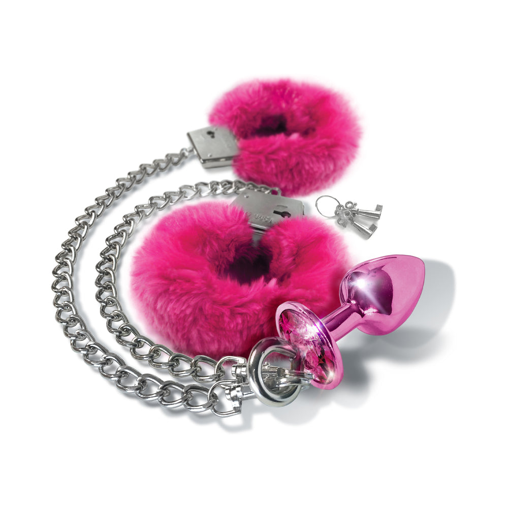 Nixie Metal Butt Plug & Furry Handcuff Set Medium Pink Metallic